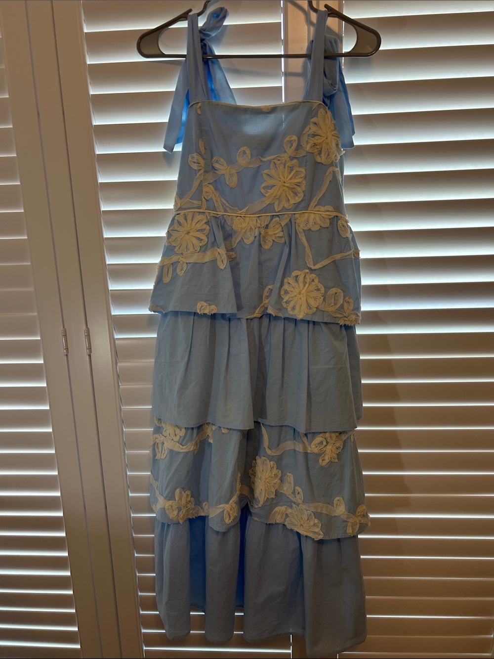 Sky Blue Tiered Maxi Dress with Cream Floral Embroidery